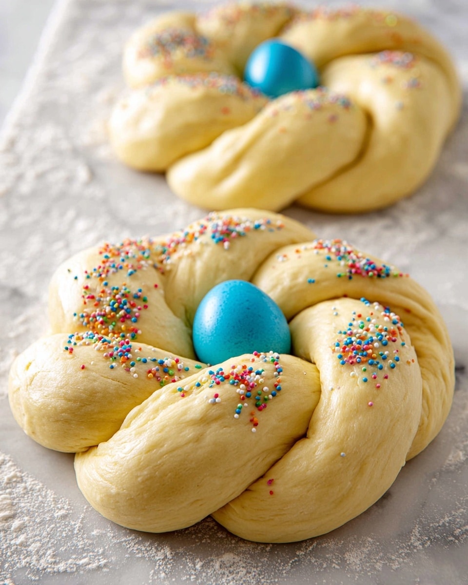 Two round braided bread dough wreaths sit on a white marbled textured surface, each with seven thick golden yellow dough segments twisted and gathered into a circle. The dough looks soft and smooth, lightly shiny as if brushed with egg wash, and is sprinkled with small, colorful round sprinkles scattered over the top. In the center of each wreath lies a shiny, bright blue egg, creating a vibrant contrast with the dough. The edges of the surface and the background remain out of focus, drawing attention to the detailed texture and color of the dough and sprinkles. photo taken with an iphone --ar 4:5 --v 7