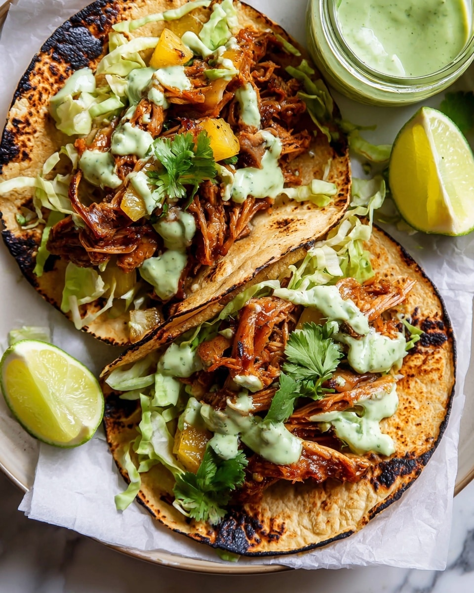 Two soft corn tortillas with a toasted, slightly charred texture serve as the base for these tacos. Each tortilla holds a layer of shredded, browned meat mixed with small yellow chunks that appear to be cooked pineapple. Underneath the meat is some shredded green lettuce, with fresh cilantro leaves scattered on top. A light green creamy sauce is drizzled over the meat and around the edges. The tacos sit on white paper over a white plate with a slice of lime and some torn lime pieces nearby, all placed on a white marbled surface. A glass jar with more green sauce is visible near the top corner. Photo taken with an iphone --ar 4:5 --v 7
