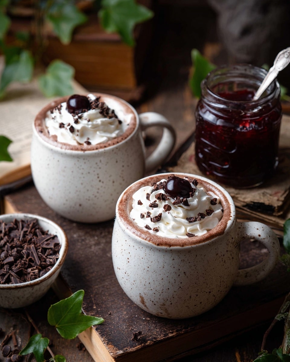 Two white speckled mugs filled with hot cocoa topped with a swirl of white whipped cream, a single dark cherry in the center of each, and small curly chocolate shavings scattered on top. The mugs sit on a dark wooden surface with old books and green leaves around. To the side, there is a white speckled bowl with more chocolate shavings and a small glass jar with dark red jam and a silver spoon inside. The background has a soft focus, giving a cozy, warm feeling. photo taken with an iphone --ar 4:5 --v 7