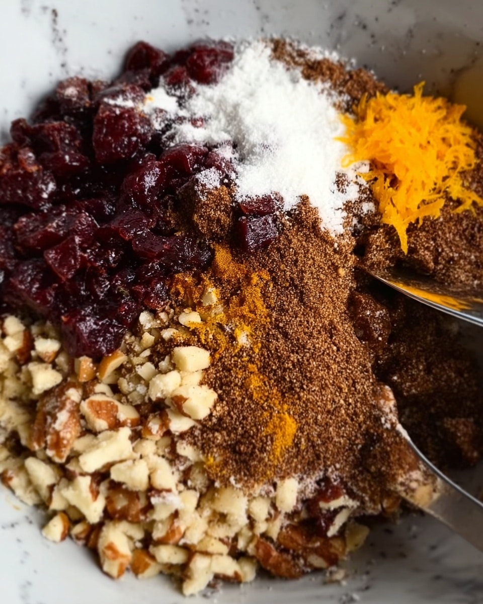 The image shows a close-up of mixed ingredients layered together in a bowl with a white marbled background. The bottom layer consists of coarse chopped nuts in an off-white and light brown color. Above the nuts is a layer of chunky, dark red fruit pieces. On top of the fruit, there are different powders sprinkled in sections: a white powder on one side, a light brown powder in the center, and a dark brown spice scattered over the others. To the right, a bright orange zest is placed neatly in a small pile. A metal utensil is partially visible near the edge. The textures vary from coarse nuts to smooth powders and moist fruit. Photo taken with an iphone --ar 4:5 --v 7