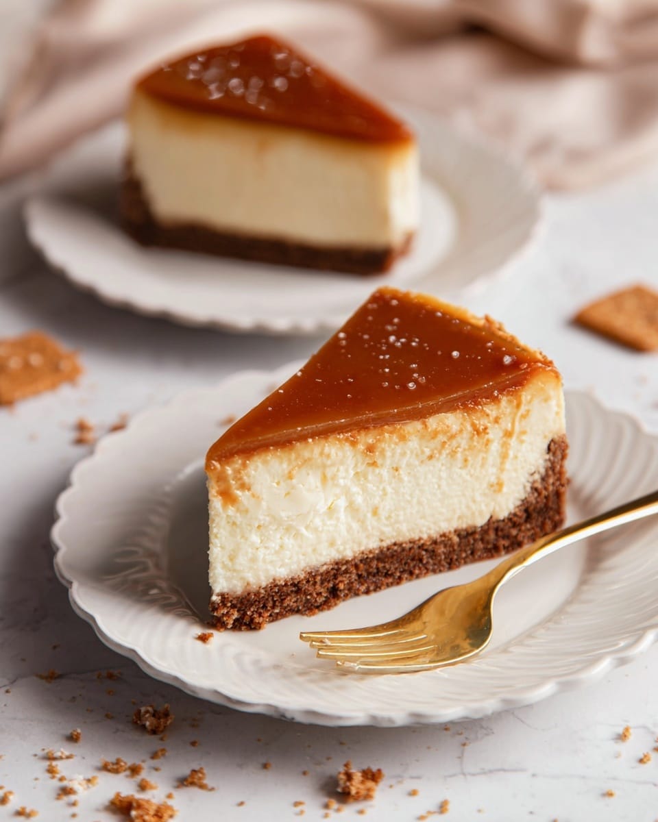 The image shows two slices of cheesecake on white plates with scalloped edges. Each slice has three layers: a dark brown crumbly crust at the bottom, a thick pale cream cheese layer in the middle, and a smooth, shiny caramel-colored topping. The cake’s texture looks soft and creamy, while the caramel layer is glossy with a few small salt crystals visible. The white marbled surface beneath has scattered crumbs and cookie pieces around the plates. A gold fork rests in front of the nearest slice. The photo taken with an iphone --ar 4:5 --v 7