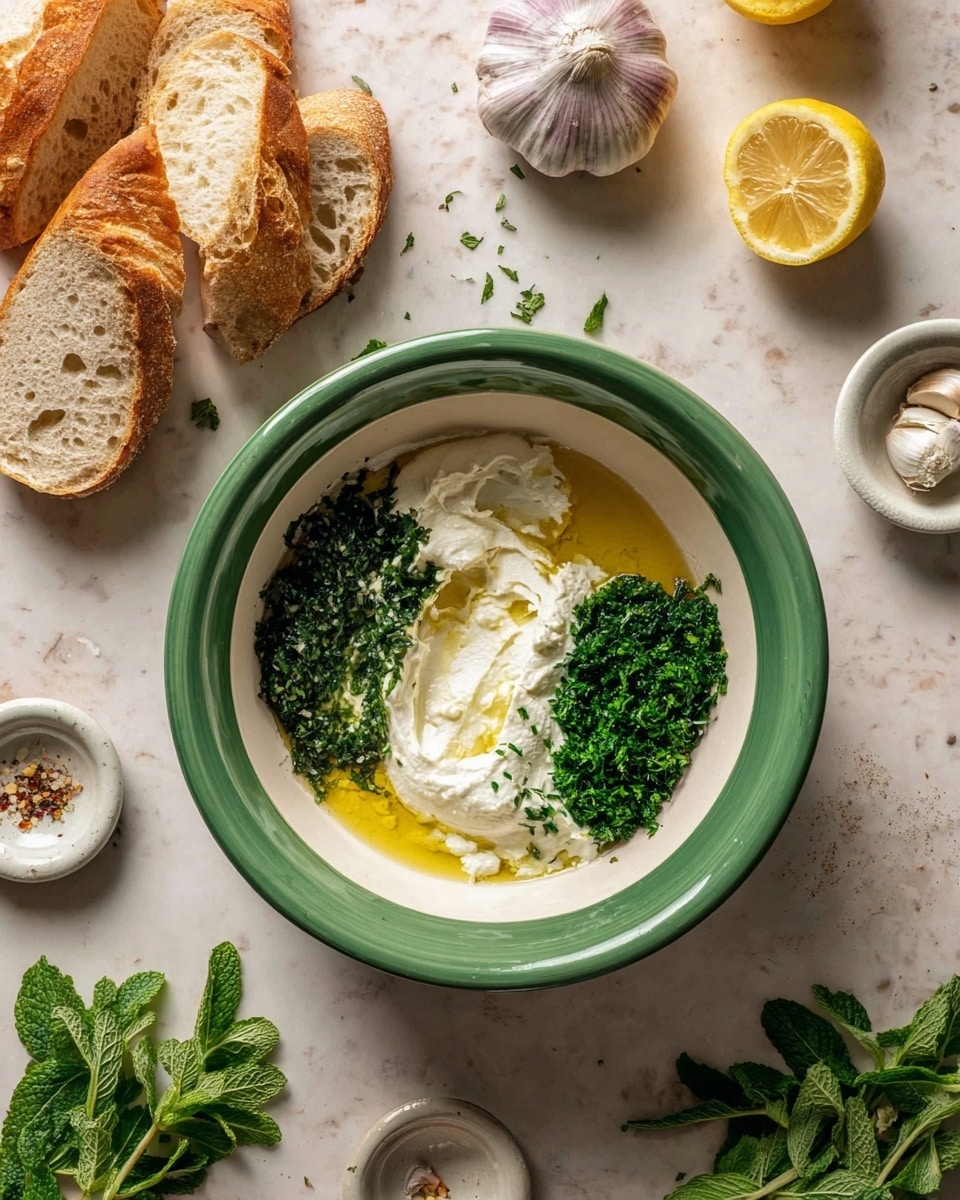A green bowl with a white rim holds four main layers inside: a bottom layer of golden olive oil, a thick white creamy layer above it, and two separate piles of chopped green herbs on the right side—one dark green and finely chopped, the other bright green with a rough texture; next to the bowl are slices of crusty bread, a cut lemon half showing its bright yellow inside, garlic bulbs and cloves, small white dishes, and scattered fresh green mint leaves on a white marbled surface. Photo taken with an iphone --ar 4:5 --v 7
