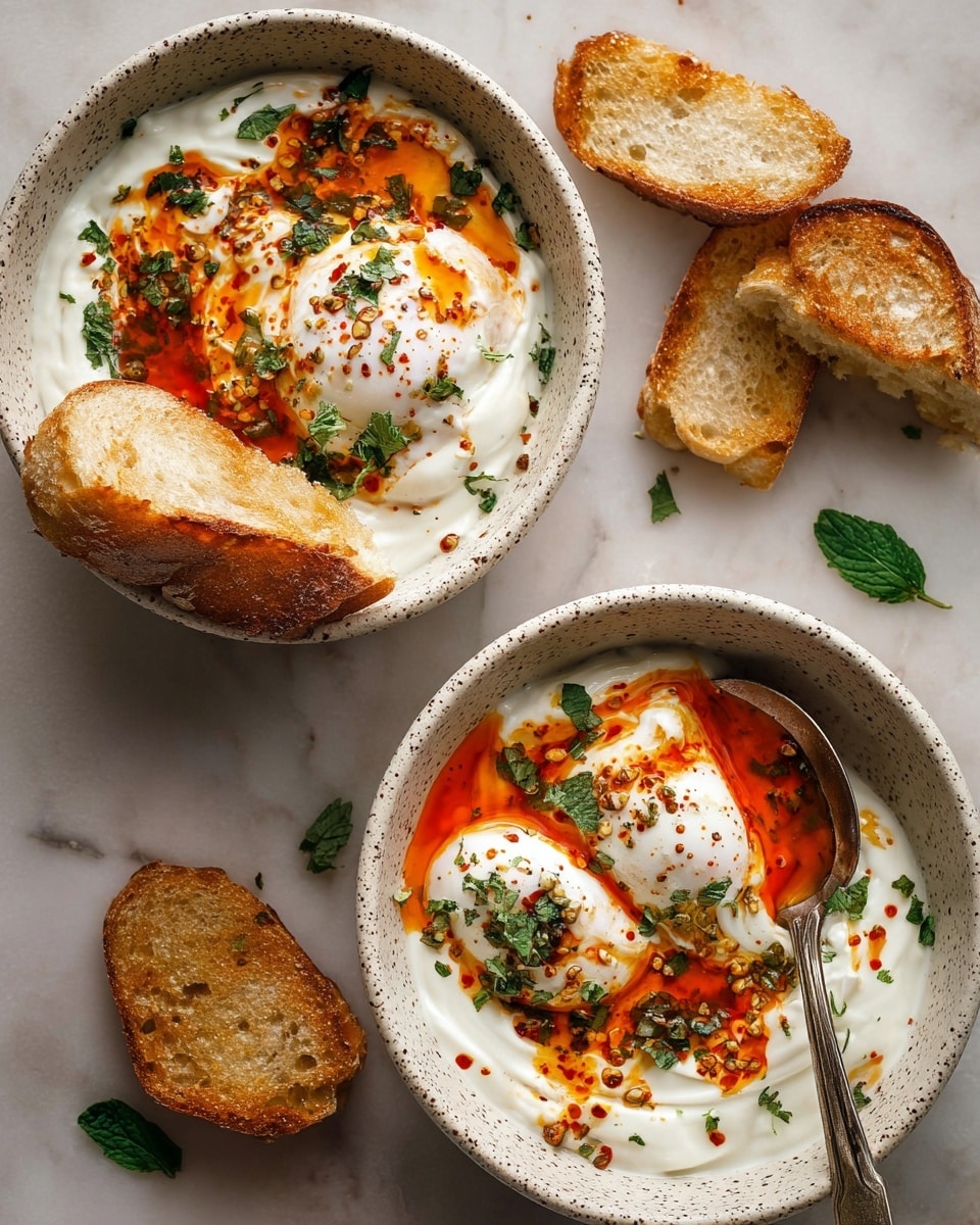 Two white speckled bowls are placed on a white marbled surface, each filled with creamy white yogurt as the base layer. On top are two soft poached eggs with smooth, slightly shiny white textures, drizzled with bright red-orange spicy oil that spreads over the eggs and yogurt in irregular patterns. Fresh green chopped herbs are sprinkled across the surface, adding small pops of color. Each bowl has three golden-brown toasted bread slices resting on one side, showing crisp textures and light crumb details. A silver spoon rests on the edge of the top bowl. Photo taken with an iphone --ar 4:5 --v 7