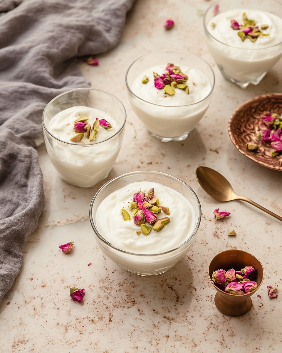Four clear glass dessert bowls sit on a white marbled surface, each filled with a creamy white pudding. The pudding is smooth with a slightly glossy texture, each bowl topped with green pistachio slivers and dried pink rose petals for color contrast. A gold spoon lies to the lower right of the front bowl, and a small bronze cup with more rose petals is nearby. A soft gray cloth is folded and placed behind the bowls. Soft natural light highlights the delicate details of both the pudding and the garnishes. photo taken with an iphone --ar 4:5 --v 7