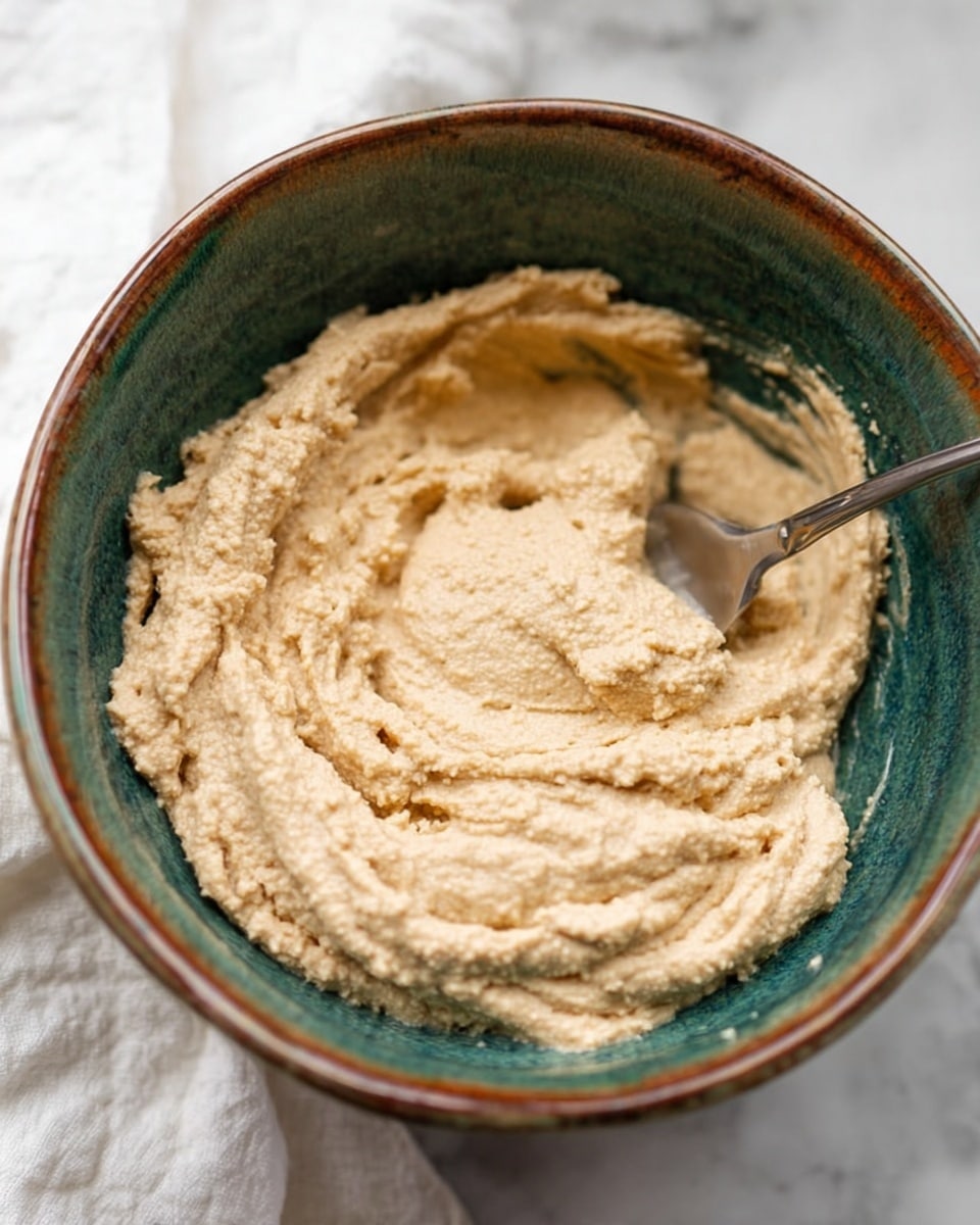 A close-up view of a rough creamy beige mixture in a deep green ceramic bowl with a slightly rusty brown rim, with a metal spoon inserted into the thick texture. The mixture looks soft and slightly grainy, filling the bowl unevenly. The bowl sits on a white marbled surface, and a part of a white cloth with subtle folds is visible in the background. photo taken with an iphone --ar 4:5 --v 7