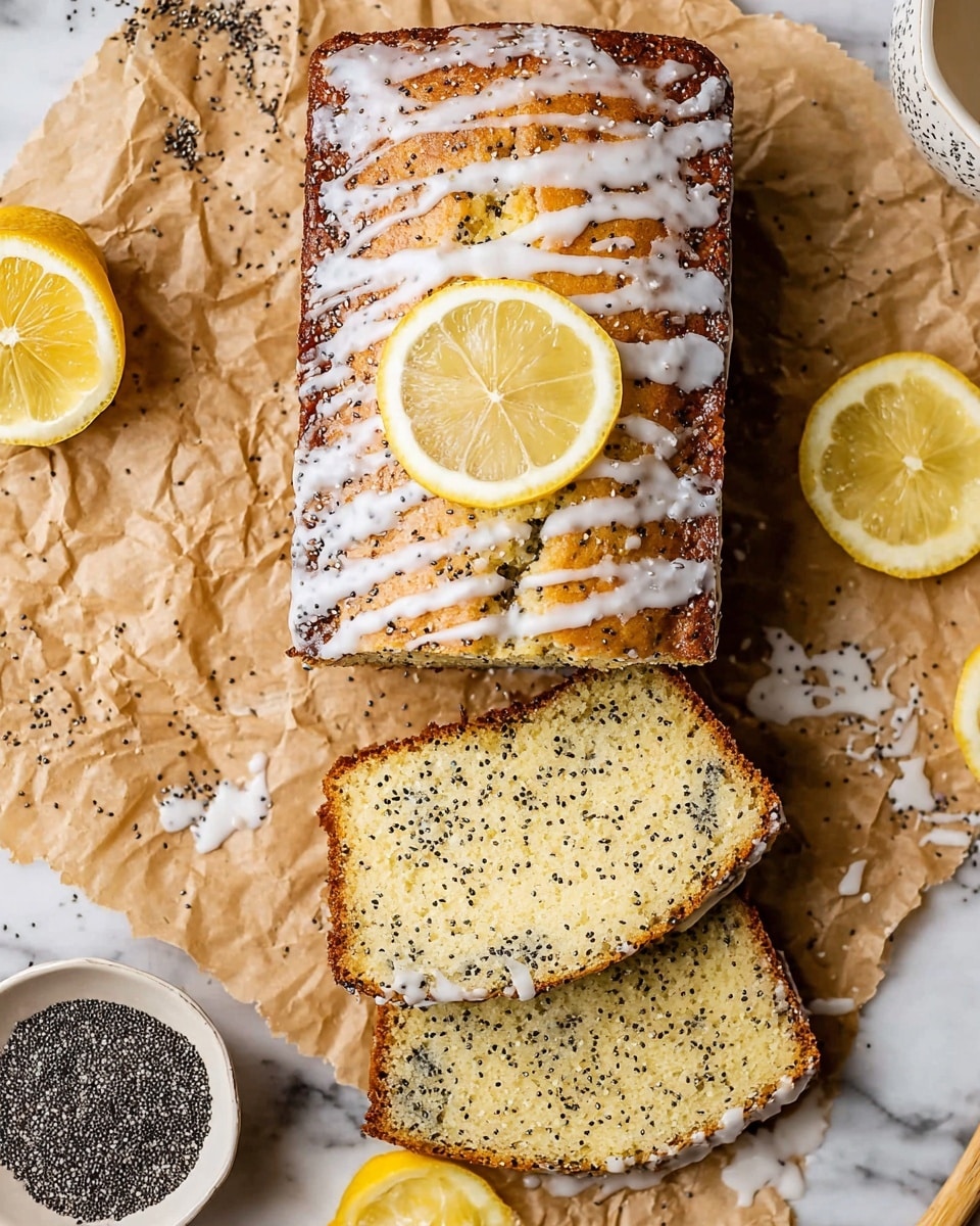 A rectangular lemon poppy seed loaf with a golden brown crust sits on crinkled brown parchment paper over a white marbled surface, topped with a thin drizzle of white icing and a single round lemon slice at the center; the bread's interior shows a soft, pale yellow crumb speckled with black poppy seeds, with two slices placed horizontally beside the whole loaf, one slice tilted slightly; poppy seeds are scattered on the parchment, and lemon wedges are positioned in the upper corners of the image; a small white bowl with black poppy seeds is partially visible at the bottom left corner, photo taken with an iphone --ar 4:5 --v 7
