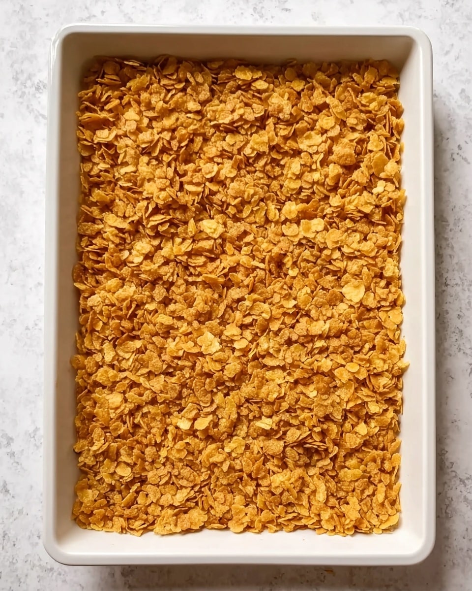 A rectangular white baking tray filled with a top layer of crushed golden cornflakes that cover the entire surface evenly, showing a crunchy, slightly rough texture and a warm, toasted color. The tray sits on a white marbled textured surface. Photo taken with an iphone --ar 4:5 --v 7
