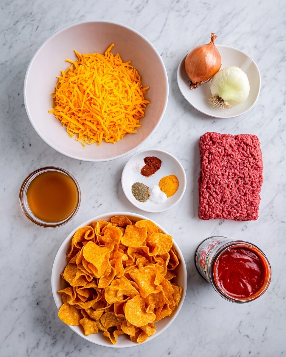 The image shows a white bowl filled with many orange corn chips with a curled shape, placed on a white marbled surface. Above to the left is a white bowl with bright orange shredded cheddar cheese. Next to it is a rectangular shape of raw red ground meat on a white plate. To the right of the cheese are three garlic cloves and a yellow onion with its peel still on. Above the corn chips is a small white bowl with different spices in six sections, showing dark brown, red, white, yellow, and light brown powders. To the right of the spices is a small glass bowl of a brownish-orange liquid. Below the spices is a small can with thick red tomato paste, next to an open can with red tomato sauce. photo taken with an iphone --ar 4:5 --v 7