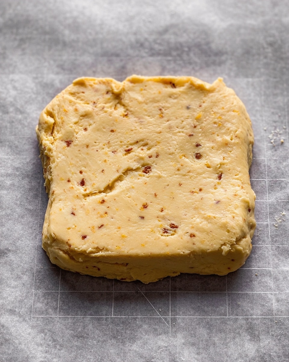 The image shows a thick, square piece of dough placed on grey parchment paper with subtle white grid lines. The dough is pale yellow with small, scattered brown bits mixed throughout. It has a rough, slightly uneven surface with some visible creases and cracks. The dough edges are rounded but show a few indentations and texture variations, giving it a handmade look. The lighting highlights the soft texture and minor imperfections on the dough's surface. photo taken with an iphone --ar 4:5 --v 7