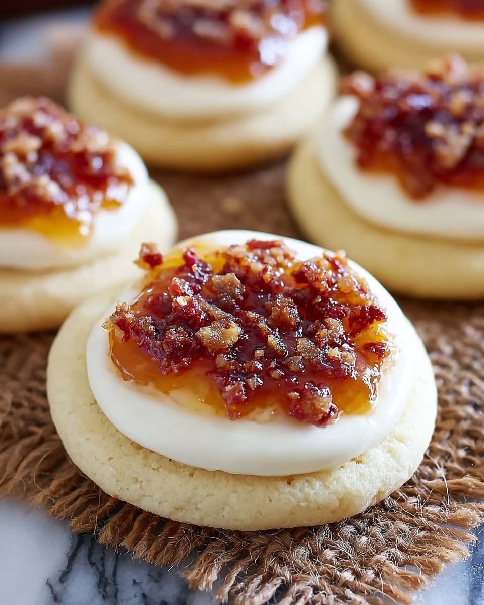 The image shows round cookies each with three layers. The bottom layer is a soft, pale yellow cookie with a smooth surface. The middle layer is a thick, even white cream spread in a circular shape, sitting right on top of the cookie. The top layer is a shiny amber-colored jelly or jam, with darker reddish-brown crunchy bits sprinkled unevenly over it. The cookies are placed on a rough-textured brown woven mat that rests on a white marbled surface. In the background, more cookies are slightly out of focus, showing the same layering and colors. photo taken with an iphone --ar 4:5 --v 7