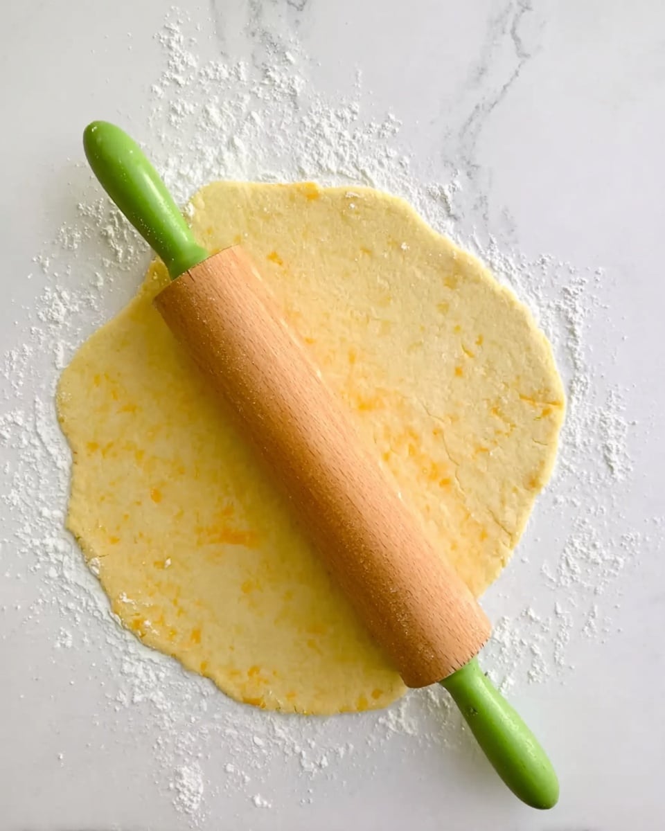 A rolled out piece of pale yellow dough with a smooth yet slightly textured surface lies flat on a white marbled background dusted with white flour. Positioned at the top right corner is a wooden rolling pin with green handles, resting slightly angled on the dough. Photo taken with an iphone --ar 4:5 --v 7