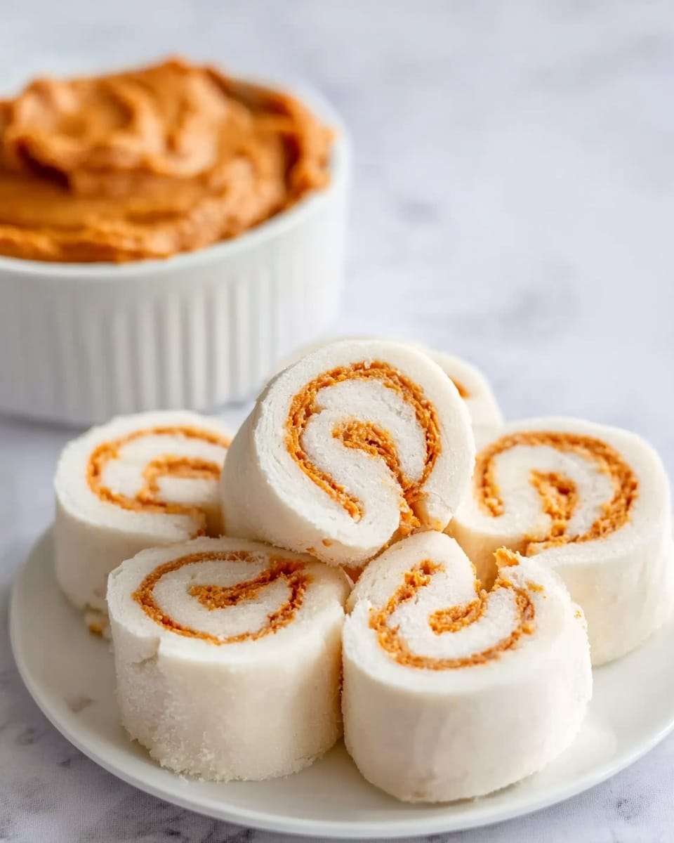 The image shows a white plate with several small white rolls arranged in a circle. Each roll has a smooth creamy white outer layer and a bright orange filling that is spiraled inside. One piece is cut and stacked on top to reveal the thick orange center and soft white outside clearly. In the background, there is a white bowl filled with a thick orange spread, placed on a white marbled surface. Photo taken with an iphone --ar 4:5 --v 7