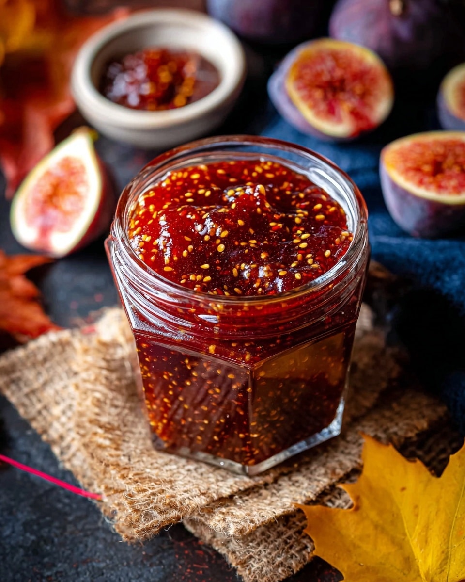 A close-up view of a hexagonal glass jar filled with thick, dark red fig jam, dotted with small yellow fig seeds throughout, placed on a piece of textured burlap on a dark surface. In the background, there are halved figs showing their purple skin and bright red, seed-filled insides, along with a small white bowl containing more fig jam. A yellow autumn leaf lies near the bottom right corner. The setting has a rustic feel with warm colors and natural textures. Photo taken with an iphone --ar 4:5 --v 7