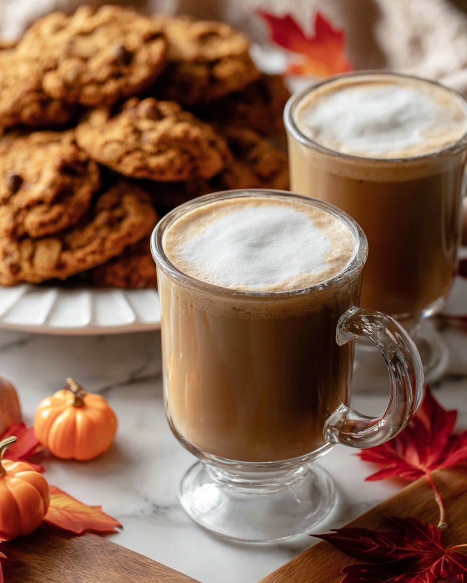 Two clear glass mugs filled with light brown coffee topped with a thick layer of white foam. The mugs have curved handles on the right side and stand on wooden surface. In the background, a white plate holds several large, rough-textured chocolate chip cookies with a warm brown color. Scattered around the mugs and plate are small autumnal decorations including a bright red maple leaf and tiny orange pumpkins. The scene is set on a white marbled texture surface. photo taken with an iphone --ar 4:5 --v 7