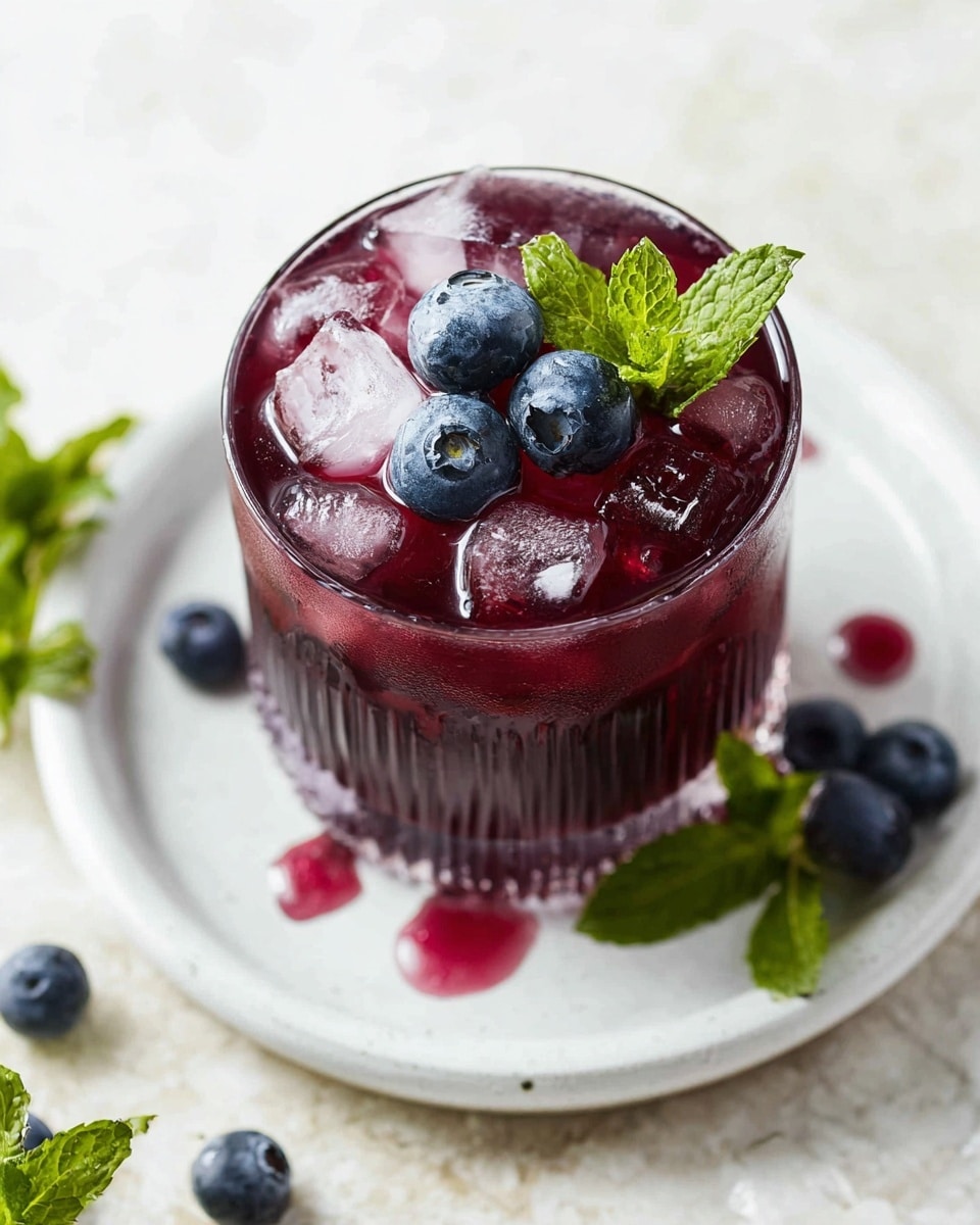 A glass filled with dark red-purple drink sits in the center of a white plate; the drink is topped with transparent ice cubes, three fresh dark blue blueberries, and two bright green mint leaves placed on the right side of the glass rim. Around the glass on the plate, there are small drops of the drink and scattered blueberries accompanied by more green mint leaves, all on a white marbled surface. The glass has a textured surface with vertical lines. Photo taken with an iphone --ar 4:5 --v 7
