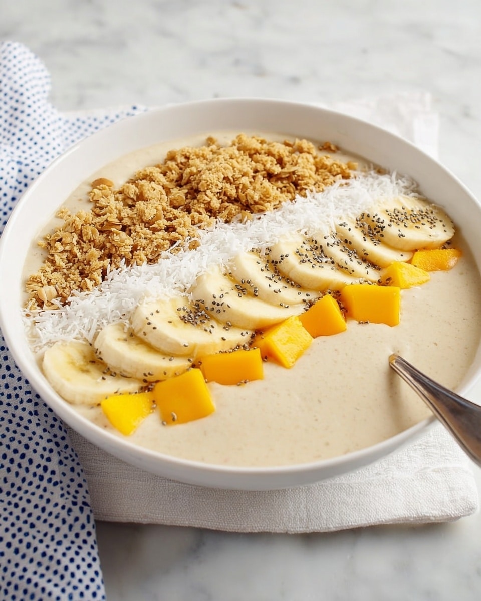 A shallow white bowl filled with smooth, light beige smoothie base, topped with five even horizontal layers near the top edge: a first layer of golden brown granola with a crumbly texture, followed by a neat line of thin banana slices with a pale yellow color, each sprinkled lightly with tiny black chia seeds; below the bananas, small bright orange mango cubes arranged in a short line; under the mango pieces, a thin layer of shredded white coconut spread evenly in a row. A silver spoon rests on the right side inside the bowl, and the bowl sits on a white marbled surface with a white and blue dotted cloth partially visible. Photo taken with an iphone --ar 4:5 --v 7