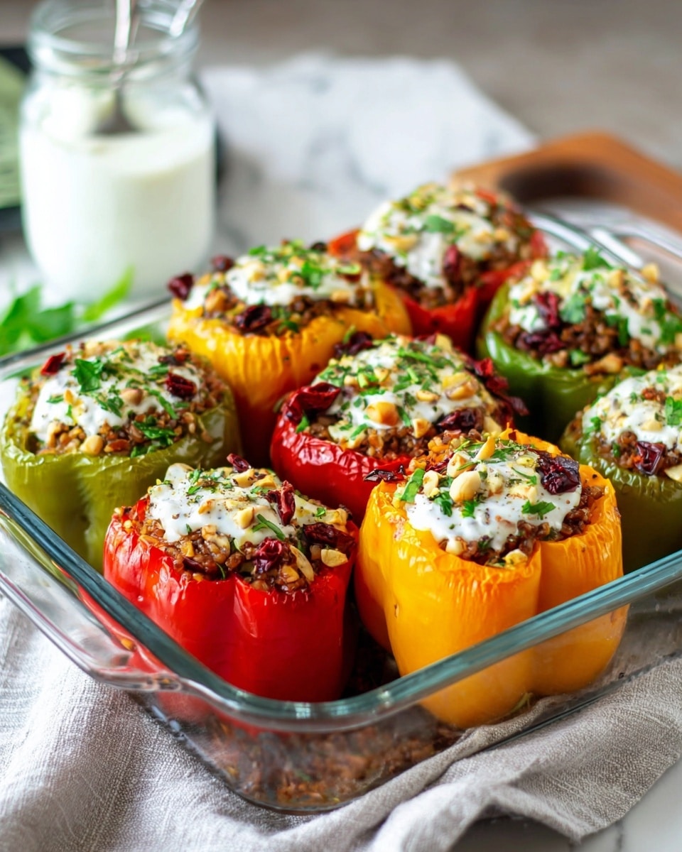 A clear glass baking dish holds eight stuffed bell peppers in red, green, and yellow. Each pepper is filled with a dark brown grain mixture topped with white sauce, sprinkled with green herbs, chopped nuts, and small dried red pieces. The peppers have visible stems and a slightly shiny, roasted texture. The dish sits on a white marbled surface with a light gray cloth partially under the dish and a white jar with a spoon in it blurred in the background photo taken with an iphone --ar 4:5 --v 7