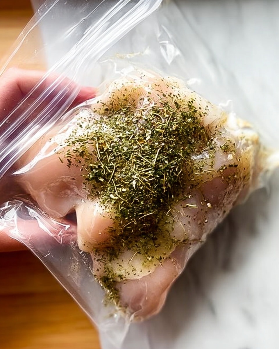 A close-up view of raw chicken pieces inside a clear plastic zip-lock bag, with a thick layer of green dried herbs sprinkled evenly on top of the chicken. The chicken is pale pink with a smooth texture, partially covered with a shiny, slightly oily liquid. The scene is set on a white marbled surface, and a woman's hand is seen gently holding the bag from the top left corner. Photo taken with an iphone --ar 4:5 --v 7