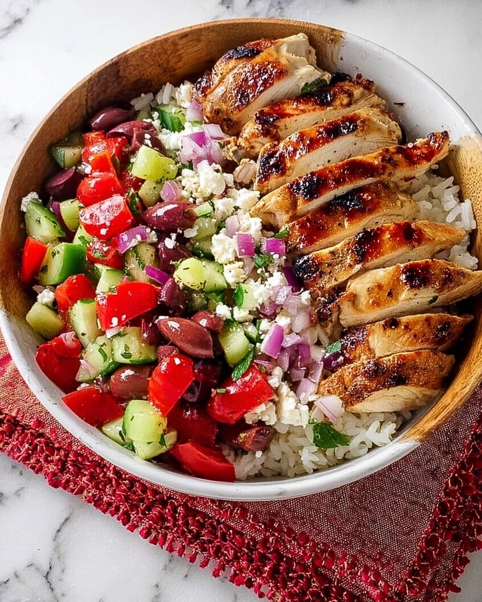 A white bowl filled with three layers: the bottom layer is white rice, the middle layer consists of chopped red tomatoes, green cucumbers, purple olives, and small bits of white cheese mixed with finely chopped red onions, creating a colorful and fresh salad texture; the top layer is grilled, sliced chicken with a golden-brown color and light char marks, arranged neatly on one side of the bowl. The bowl sits on a white marbled surface with a red and white woven cloth partially visible beneath it, photo taken with an iphone --ar 4:5 --v 7