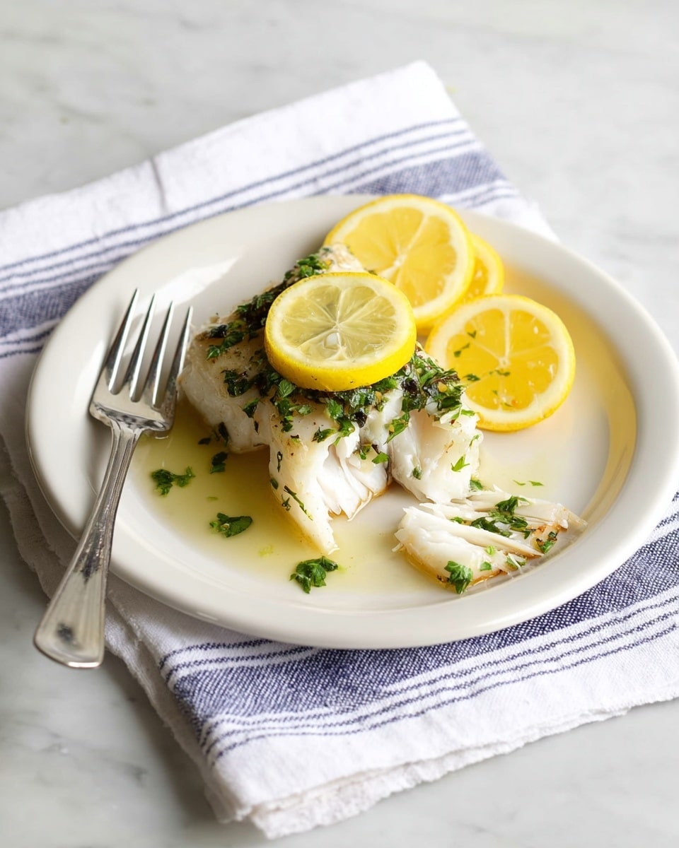 A white round plate holds a piece of cooked fish fillet with soft, flaky white layers visible on the bottom right where it is slightly separated. The top of the fish is covered with small green herb pieces and a drizzle of light oil sauce. On top of the fillet sits a bright yellow lemon slice, and two lemon wedges are placed at the back of the plate. A silver fork rests on the left side of the plate, placed on a white and blue striped cloth on a white marbled surface. photo taken with an iphone --ar 4:5 --v 7