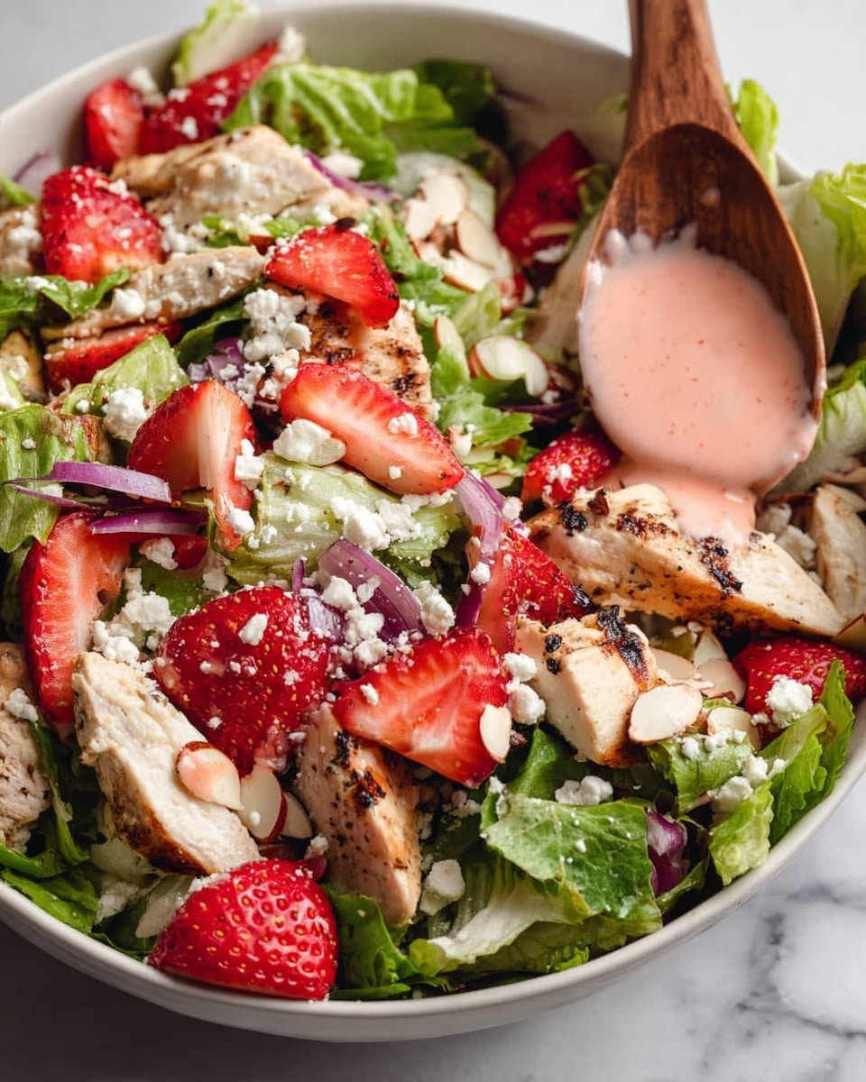 A white bowl filled with a colorful salad that has layers of green lettuce leaves, bright red sliced strawberries, and pieces of grilled white chicken with a slightly browned texture on top. Thin slices of purple onion are scattered in between, along with small slivers of almond and white crumbled cheese sprinkled around. A pinkish dressing is drizzled across the salad, adding a smooth contrast to the textures. A wooden spoon scoops some of the salad, showing a mix of all the ingredients against the white marbled surface below. Photo taken with an iphone --ar 4:5 --v 7