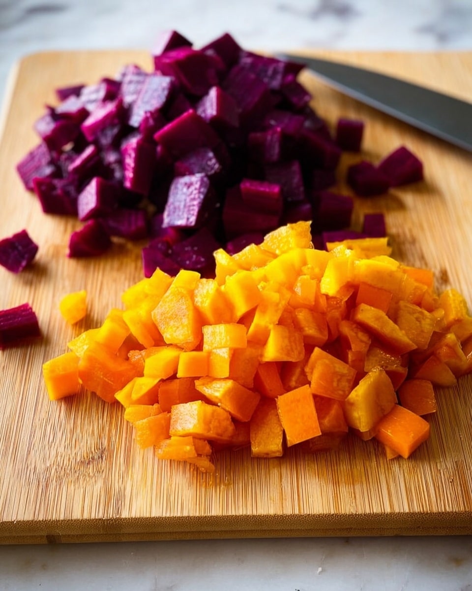 The image shows two piles of chopped vegetables on a wooden cutting board with a knife placed at the top right. One pile is made of small, deep purple cubes with a smooth, slightly shiny texture, positioned at the upper left. The other pile, closer to the front center, consists of bright orange cubes that have a slightly translucent and moist look. The wooden board has a natural grain pattern and light brown color. The whole scene is set on a white marbled surface. photo taken with an iphone --ar 4:5 --v 7