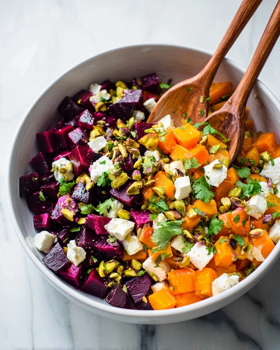 A white bowl holds a colorful salad with multiple layers and textures. The base layer is made of deep purple diced beets forming a rich backdrop. On top, vibrant orange cubed pieces of butternut squash are spread evenly. Scattered among these are creamy white cubes of feta cheese, adding a contrasting smooth texture. Bright green pistachios and fresh cilantro leaves are sprinkled throughout, giving pops of lively color. Two wooden utensils rest inside the bowl, ready to serve. The bowl sits on a white marbled surface. photo taken with an iphone --ar 4:5 --v 7