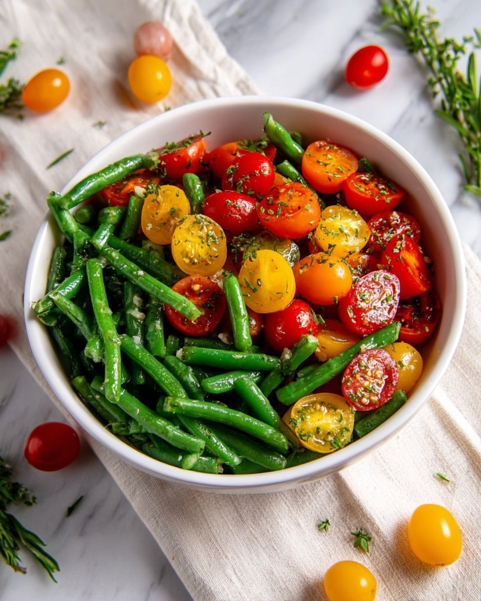 A white bowl filled with a colorful salad made of two main layers: the bottom layer has bright green cut green beans with a fresh texture, and the top layer is made of halved red and yellow cherry tomatoes showing their juicy inside. The salad is lightly sprinkled with fine green herbs and small bits of seasoning, giving a fresh and slightly shiny look to the vegetables. The bowl is placed on a cream towel with a few sprigs of green herbs and some whole cherry tomatoes around it on a white marbled surface. Photo taken with an iphone --ar 4:5 --v 7