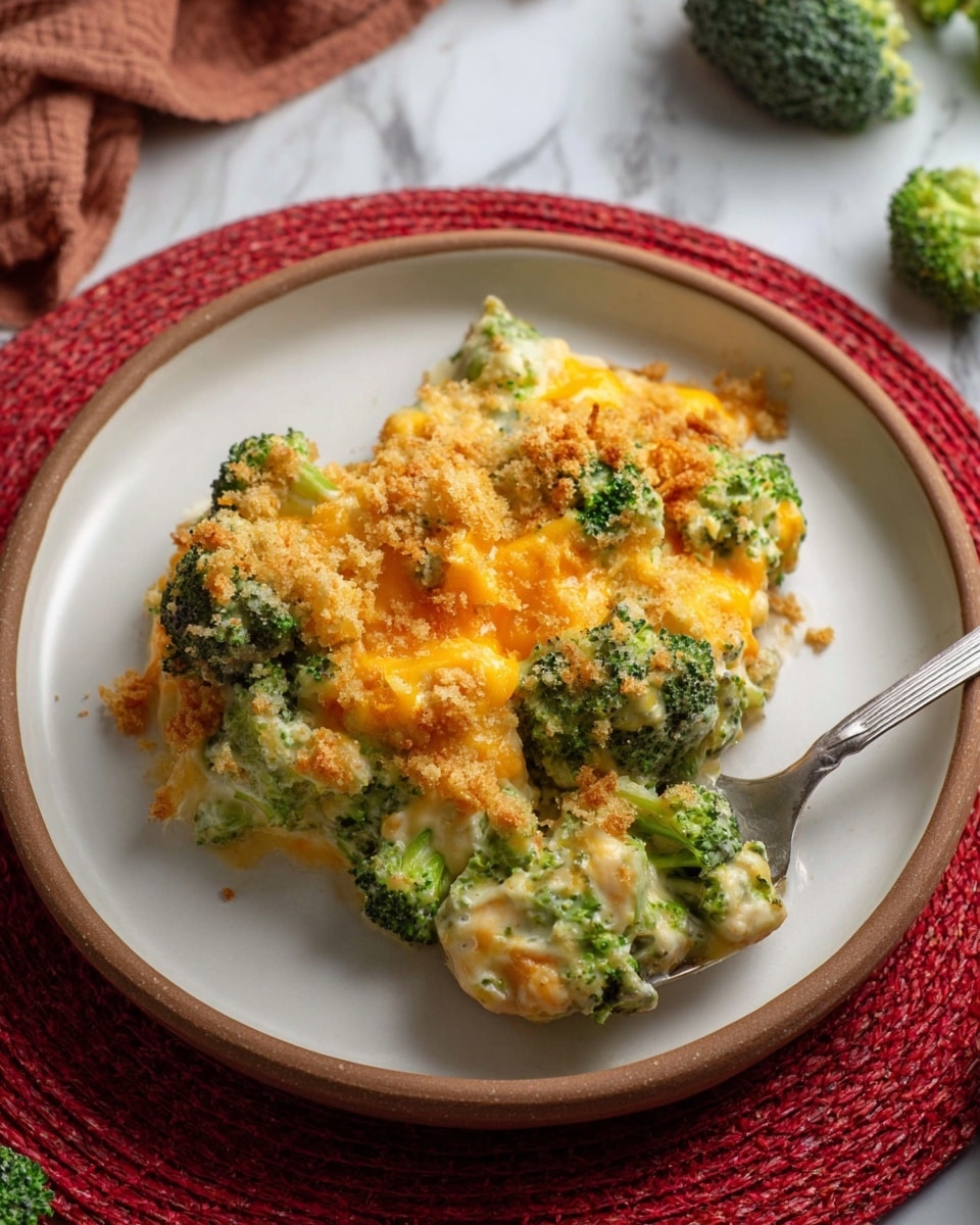 A white round plate with a brown rim holds a serving of broccoli casserole. The dish has several layers: bright green broccoli florets mixed with creamy, light yellow cheese sauce, topped with melted orange cheddar cheese and a crunchy, golden brown breadcrumb layer. A silver spoon is placed on the right side of the plate, partially under the food. The plate is set on a red woven round mat on a white marbled surface, with some broccoli florets and a brown cloth visible in the background. Photo taken with an iphone --ar 4:5 --v 7