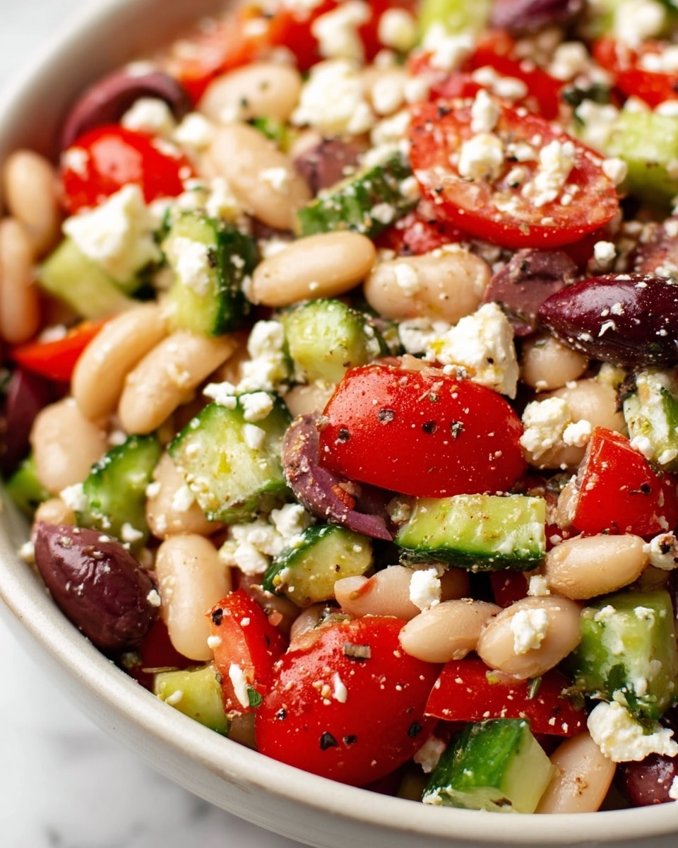 A close-up view of a fresh salad in a white bowl on a white marbled surface, showing a mix of three main visible layers: whole white beans with a smooth texture and kidney shape forming the base, chopped bright green cucumbers with a juicy inside and darker skin scattered throughout, and halved red cherry tomatoes with shiny skin and juicy seeds evenly placed. Mixed with them are small pieces of deep purple olives with a firm texture and crumbled white cheese on top with a rough, crumbly texture, all lightly sprinkled with black pepper. The salad looks colorful, fresh, and well mixed. Photo taken with an iphone --ar 4:5 --v 7