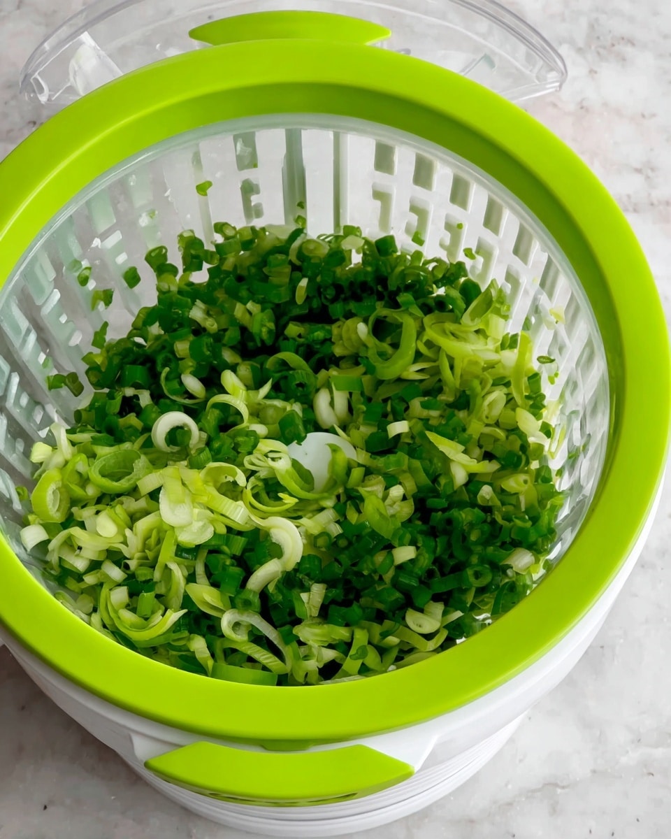 The image shows a clear salad spinner with a bright green strainer inside holding chopped green onions. The green onions are cut into small pieces, with various shades of green and white visible. The salad spinner lid is white with a green handle, and the spinner is placed on a white marbled surface. photo taken with an iphone --ar 4:5 --v 7