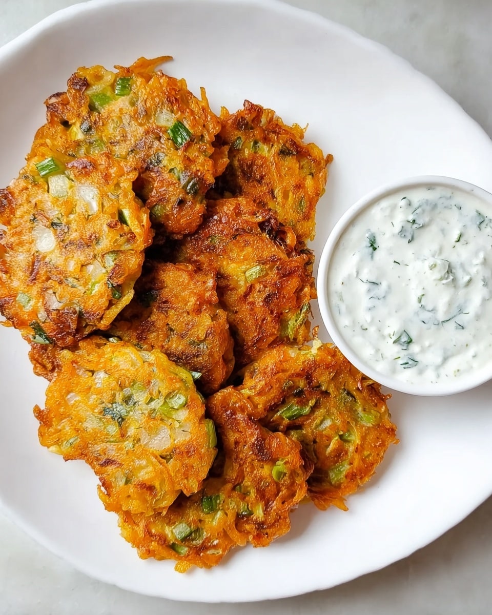 A white oval plate holds a stack of seven small, round, golden-orange fritters with a slightly rough texture and visible pieces of green onions and other small green herbs mixed in. The fritters are layered closely together, showing some light browning and crisp edges. To the top right side of the plate, there is a small white bowl filled with a creamy white sauce with green herb pieces scattered throughout. The plate and bowl sit on a white marbled surface. photo taken with an iphone --ar 4:5 --v 7