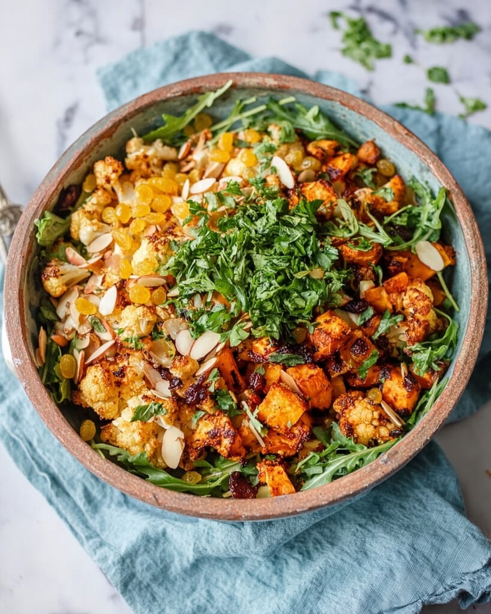 A rustic bowl filled with a fresh salad shows an arugula green base layer, topped with golden brown roasted cauliflower and orange roasted sweet potato pieces. On top of this, there is a sprinkling of sliced almonds and small yellow raisins scattered across. A generous amount of finely chopped green herbs sits in the center, adding a bright color contrast. The bowl is placed on a white marbled surface with a light blue cloth partly visible underneath. Photo taken with an iphone --ar 4:5 --v 7