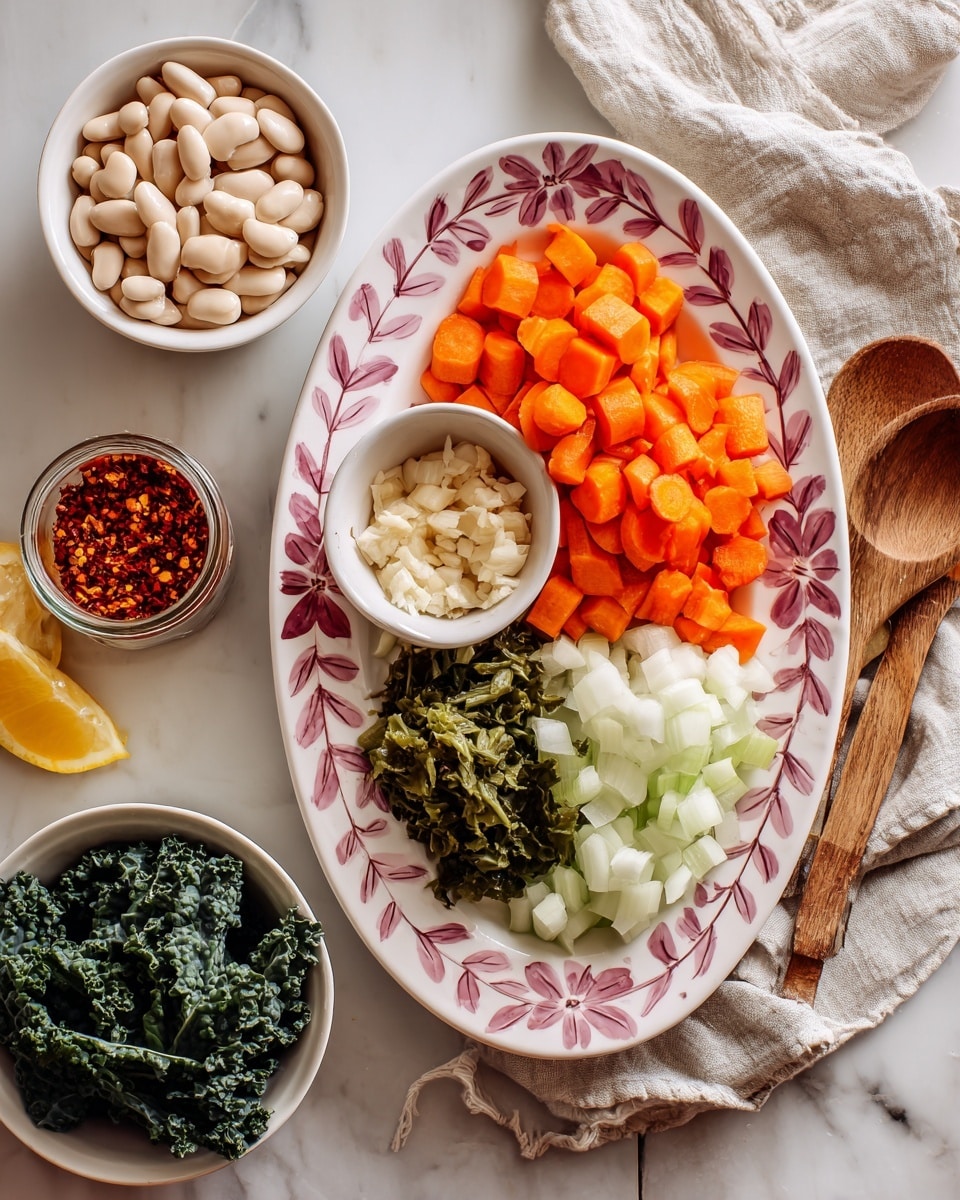 A white oval plate with a pink leaf pattern holds four sections of chopped ingredients: bright orange carrots on the top right, white onions in the middle, light green celery below the onions, and minced garlic in a small round white bowl near the top center. To the left of the garlic bowl is a small glass jar filled with red chili flakes. A cut lemon half rests on the left side of the plate. Around the plate are a white bowl filled with white beans on the upper left, a white bowl with dark green kale leaves on the bottom right, and a light beige cloth napkin partially covering the kale bowl. A wooden spoon lies diagonally across the napkin. The surface beneath everything is a white marbled texture. Photo taken with an iphone --ar 4:5 --v 7