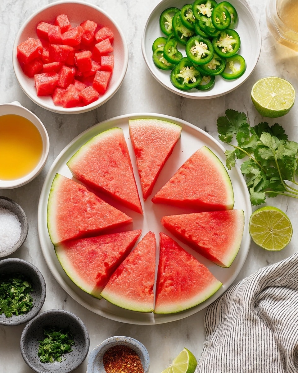 A white plate holds seven triangular slices of watermelon arranged in a loose circle, each slice showing bright red flesh with a thin green rind at the base. Above this plate, a white bowl contains neatly sliced green jalapeno rings, adding a fresh, vibrant touch. To the left, there is a white bowl filled with small red watermelon cubes. Surrounding these main dishes are smaller bowls with various ingredients: a dark gray bowl full of chopped green herbs, a white bowl with a golden yellow liquid, a light gray bowl containing a pale liquid, and a dark gray bowl with white salt and red chili powder side by side. Fresh lime halves and sprigs of fresh cilantro rest directly on a white marbled surface, along with a small white bowl holding an amber-colored sauce. A folded striped cloth is visible near the bottom right corner. photo taken with an iphone --ar 4:5 --v 7