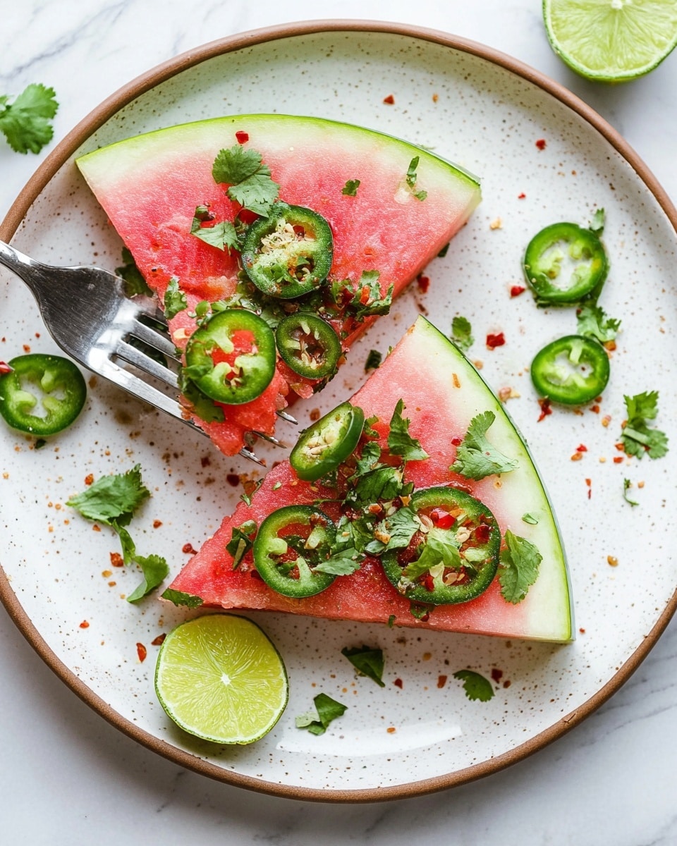 A white plate on a white marbled surface holds nine triangular slices of watermelon arranged in a slightly overlapping pattern. Each slice displays a thick green rind at the base, a white inner rind layer, and a juicy red center. The watermelon triangles are topped with small green slices of jalapeño and finely chopped fresh green cilantro scattered evenly across the surface. Lime wedges and jalapeño slices rest around the plate edges, adding extra pops of green. The watermelon slices glisten slightly from a light drizzle of sauce. Photo taken with an iphone --ar 4:5 --v 7