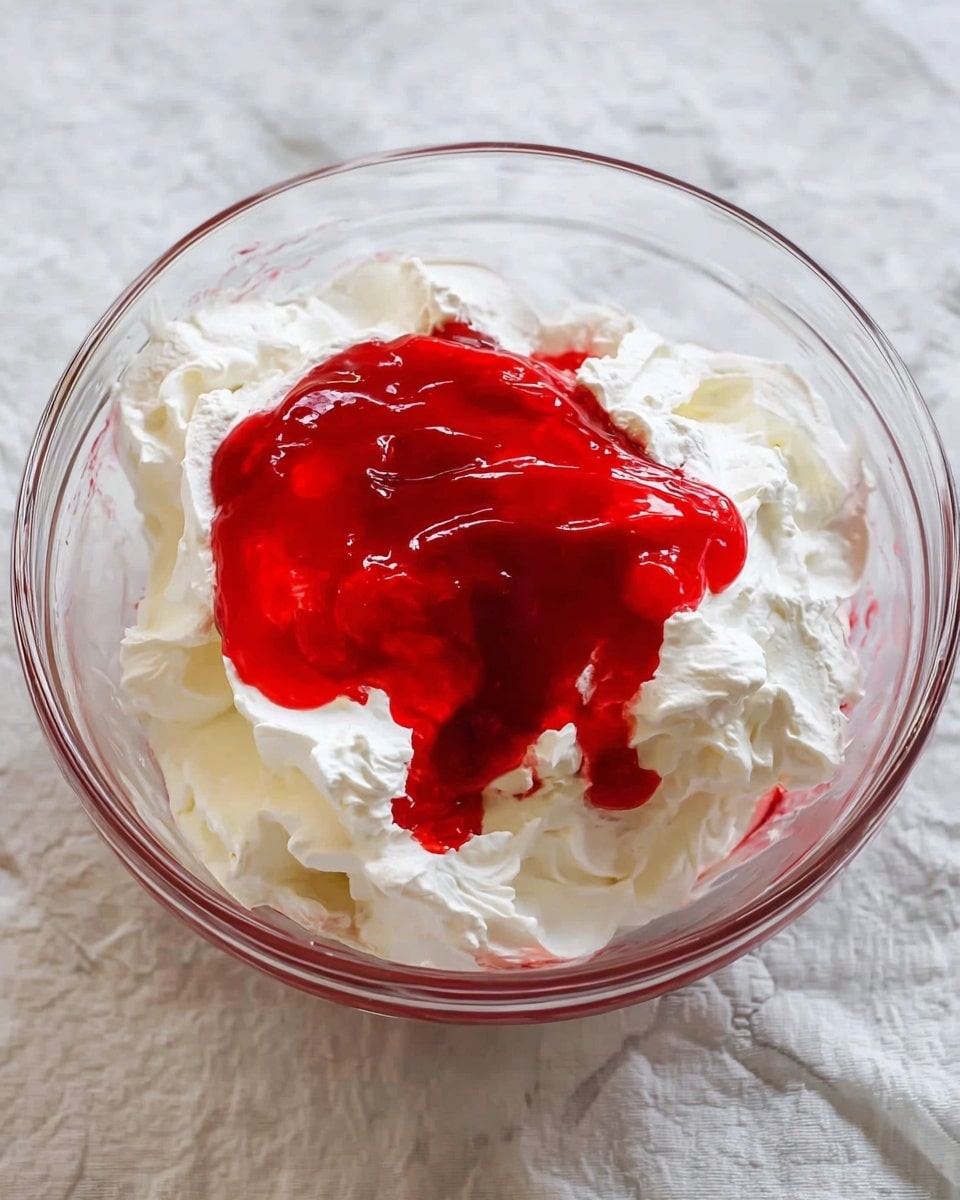 The image shows a clear glass bowl filled with two layers of food. The bottom and most visible layer is fluffy white whipped cream with soft, uneven texture. On top of the whipped cream, there is a bright red fruit sauce that looks smooth and shiny, spreading in the center and slightly dripping over the white layer. The bowl is placed on a white marbled surface with a soft cloth underneath. photo taken with an iphone --ar 4:5 --v 7