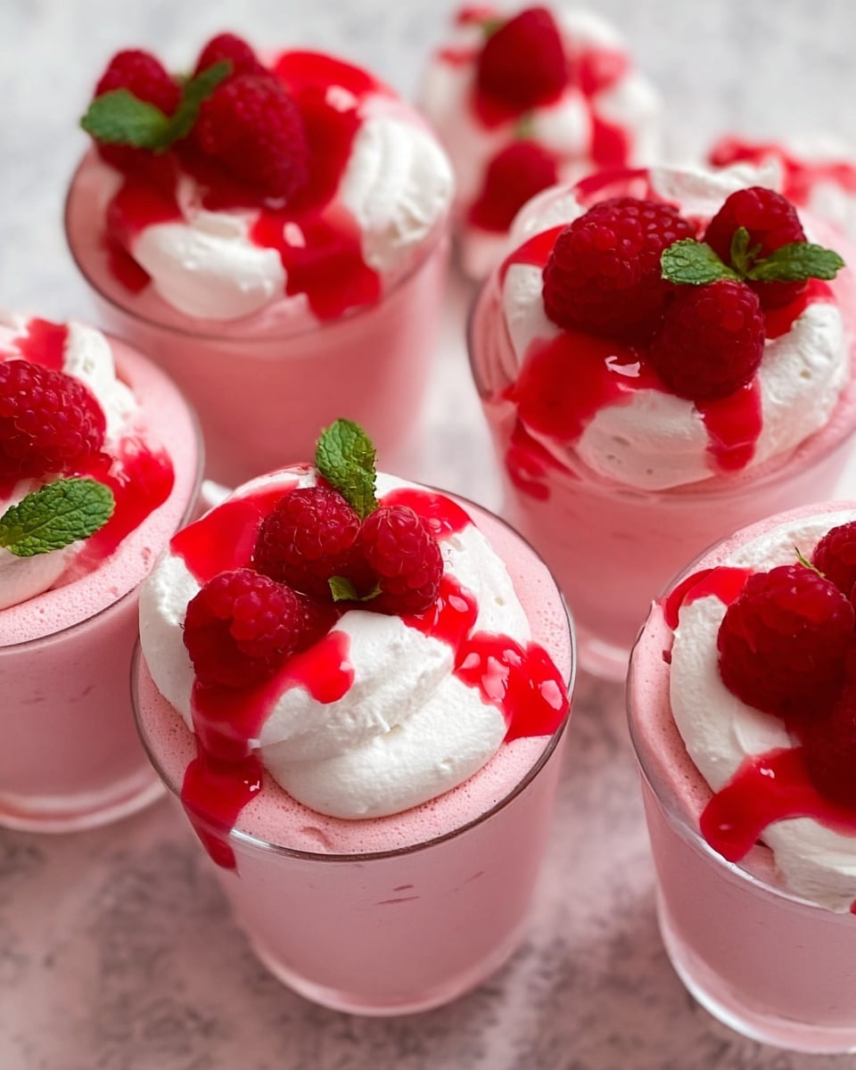Five clear glass cups hold a pink mousse with a soft and airy texture, filling each cup almost to the rim. On top of the pink mousse, there are dollops of white whipped cream placed in the center. Vivid red raspberry sauce is drizzled over the whipped cream and mousse, slightly dripping down the sides. Fresh red raspberries and small green mint leaves are arranged around the whipped cream for decoration. The cups are set on a white marbled surface. photo taken with an iphone --ar 4:5 --v 7