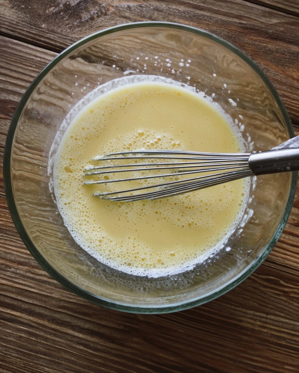 A clear glass bowl filled with a light yellow smooth liquid mixture that looks like beaten eggs or batter, with small bubbles on the surface. Inside the bowl, a metal whisk with thin wires is resting horizontally, partially dipped in the mixture. The bowl is placed on a wooden surface with a visible grain. photo taken with an iphone --ar 4:5 --v 7