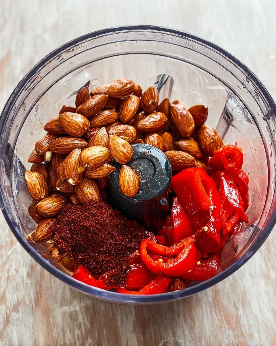 A clear food processor bowl is filled with three main layers of ingredients: at the bottom, there are bright red roasted peppers with a silky texture; scattered on top of the peppers is a layer of smooth, glossy brown almonds; on one side, there is a small heap of dark reddish-brown chili powder with a fine, powdery texture. The bowl is placed on a white marbled surface. Photo taken with an iphone --ar 4:5 --v 7
