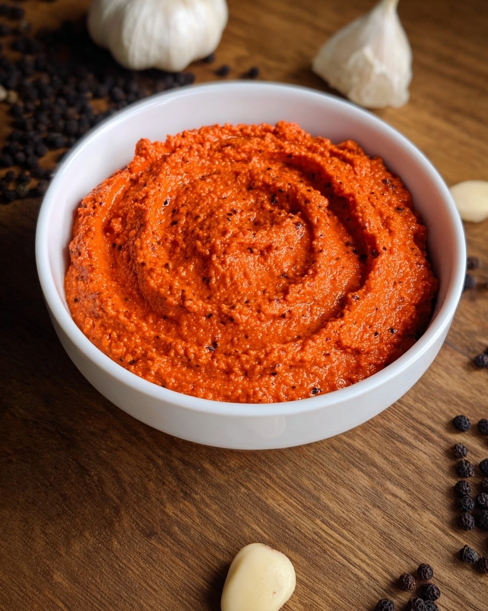A white bowl filled with a thick, bright red-orange spread, swirled in the center to create a spiral texture, showing a slightly rough surface with small dark specks. The bowl is placed on a wooden surface with scattered whole black peppercorns and some almonds and garlic cloves in the background. The lighting highlights the creamy, textured nature of the spread. photo taken with an iphone --ar 4:5 --v 7