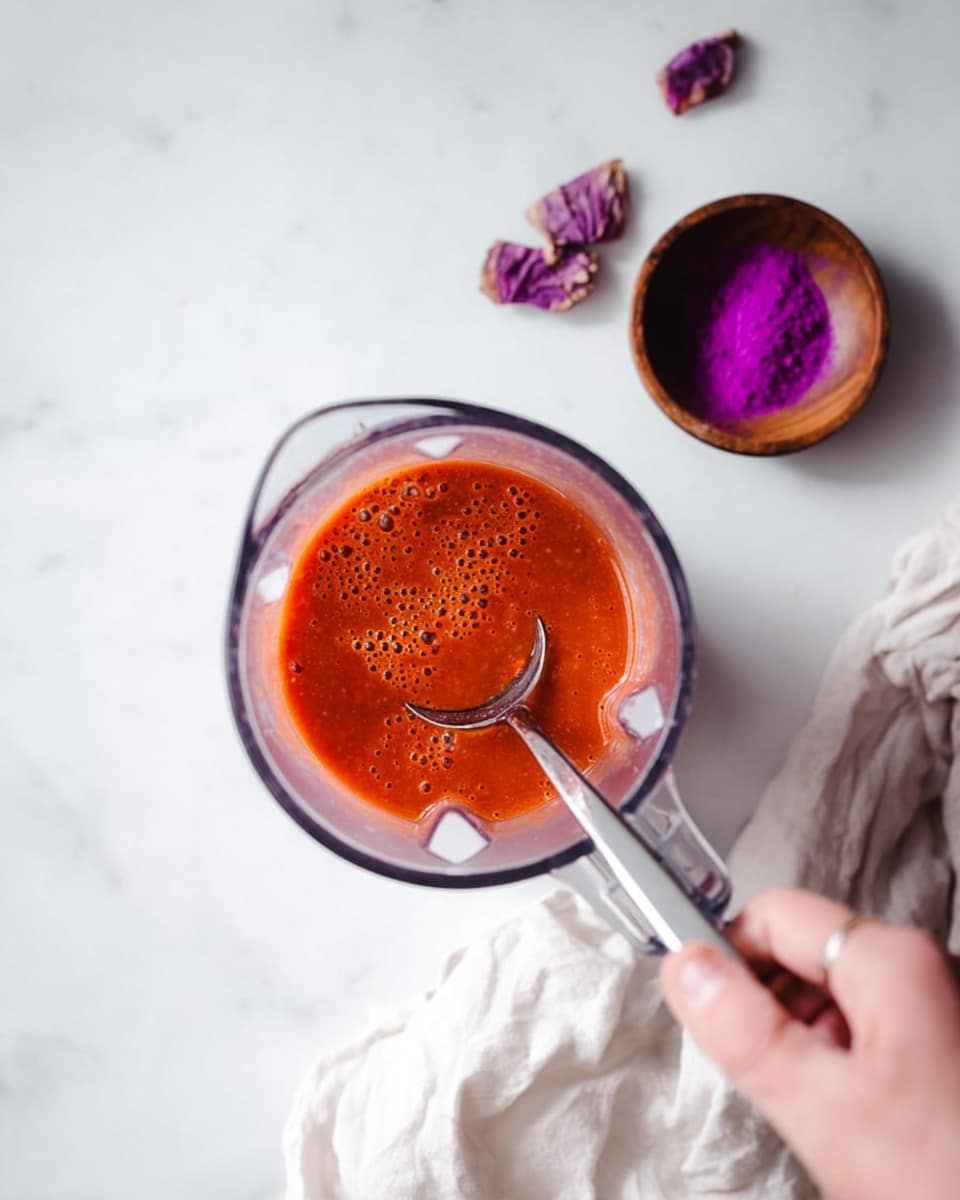 A woman's hand is holding a clear plastic blender container filled with an orange-red sauce with small bubbles on the surface. A metal spoon stands inside the sauce. In the background, there is a small wooden bowl with bright purple powder and two pieces of purple dried food on a white marbled surface. A crumpled white cloth is placed nearby. Photo taken with an iphone --ar 4:5 --v 7