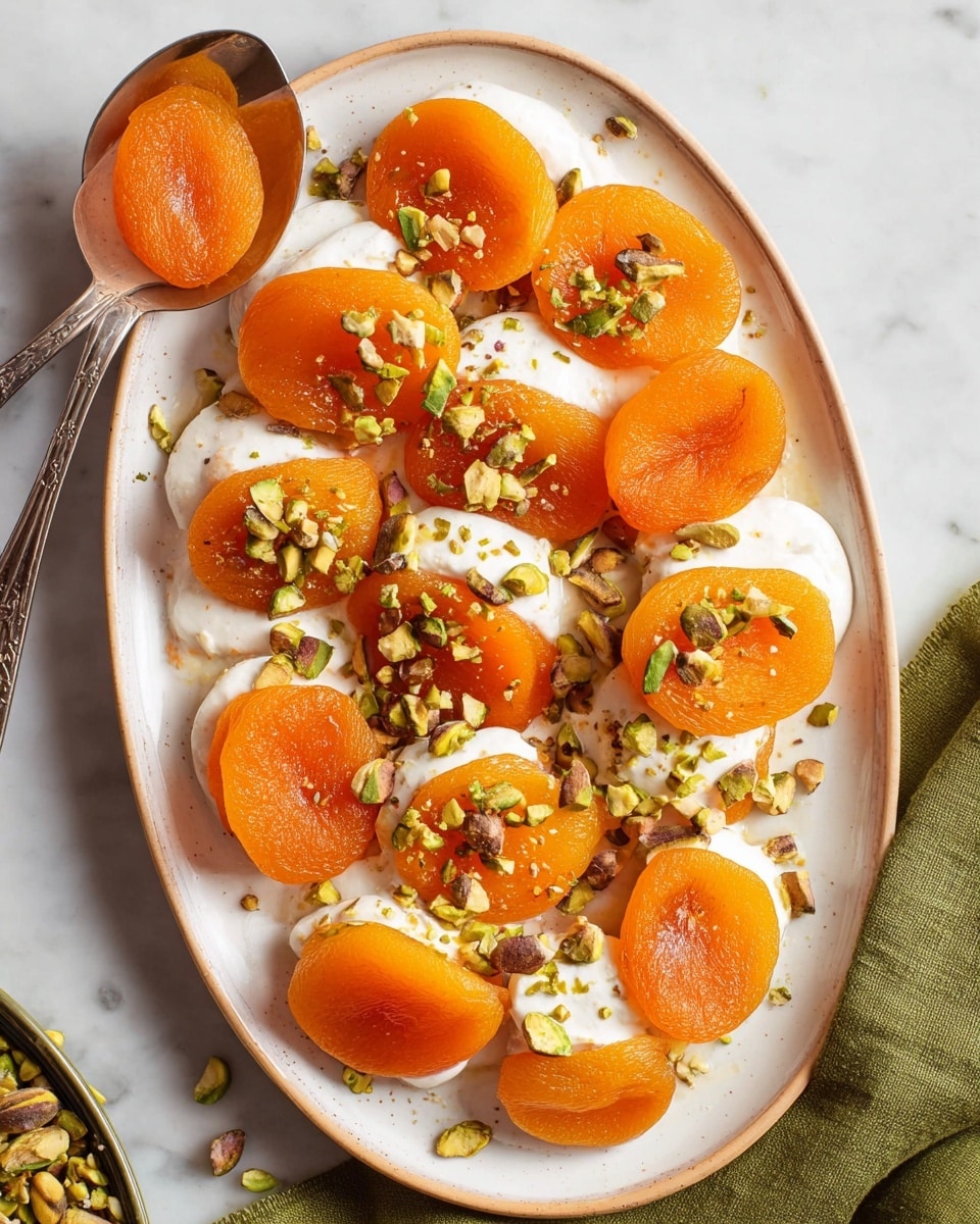 The image shows a white oval plate filled with two-layered dried apricots stuffed with a white creamy filling. The apricots are bright orange and soft in texture, arranged in a spread but slightly overlapping. Scattered on top are small pieces of chopped green pistachios and some whole pistachio nuts, adding a crunchy texture and color contrast. A silver spoon holding a few stuffed apricots rests on the plate near the top left side. The plate is set on a white marbled surface with a glimpse of a green cloth napkin at the bottom right corner. Photo taken with an iphone --ar 4:5 --v 7