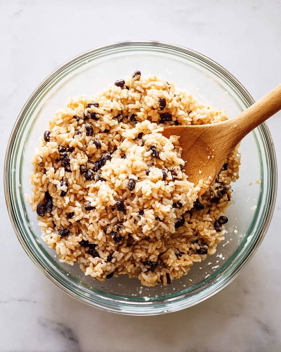 A clear glass bowl holds a mixture of cooked rice and small black beans, both evenly mixed and coated with a light brown sauce, giving the rice a slightly shiny appearance. A wooden spoon is partially inside the bowl, lifting the rice mixture from the bottom right side, revealing the texture and separation of the grains. The bowl sits on a white marbled surface that adds a clean and simple background to the image. photo taken with an iphone --ar 4:5 --v 7