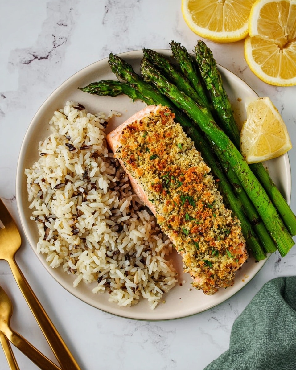 A white plate sits on a white marbled surface, holding three main layers of food. On the left side of the plate, there is a pile of white and wild rice mixed together, showing a grainy texture with light and dark colors. Next to the rice on the right is a piece of salmon covered with a crunchy-looking golden brown herb crust with green and orange specks. Underneath the salmon is a group of bright green, roasted asparagus spears lying side by side, slightly shiny from cooking. Two lemon wedges with bright yellow skin and pale yellow inside are placed at the top right of the plate. To the left of the plate, part of a woman’s hand holding golden forks is visible. Photo taken with an iphone --ar 4:5 --v 7