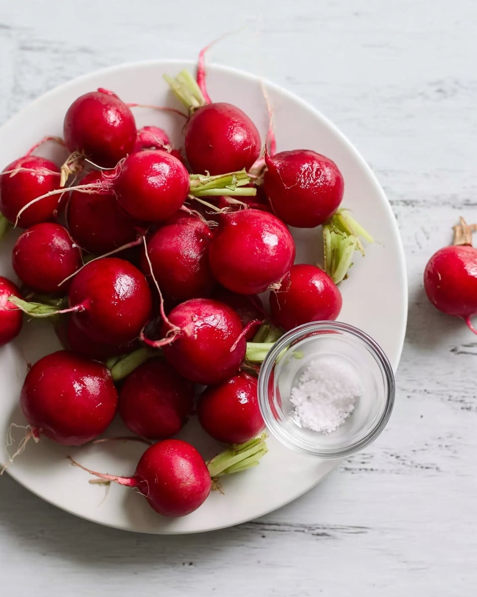 A white plate sits on a white marbled surface, filled with bright red radishes with green stems attached. The radishes are round and shiny, placed closely together covering most of the plate. On the lower right edge of the plate, a small clear glass bowl holds some coarse salt. The scene is simply styled with soft natural light. photo taken with an iphone --ar 4:5 --v 7