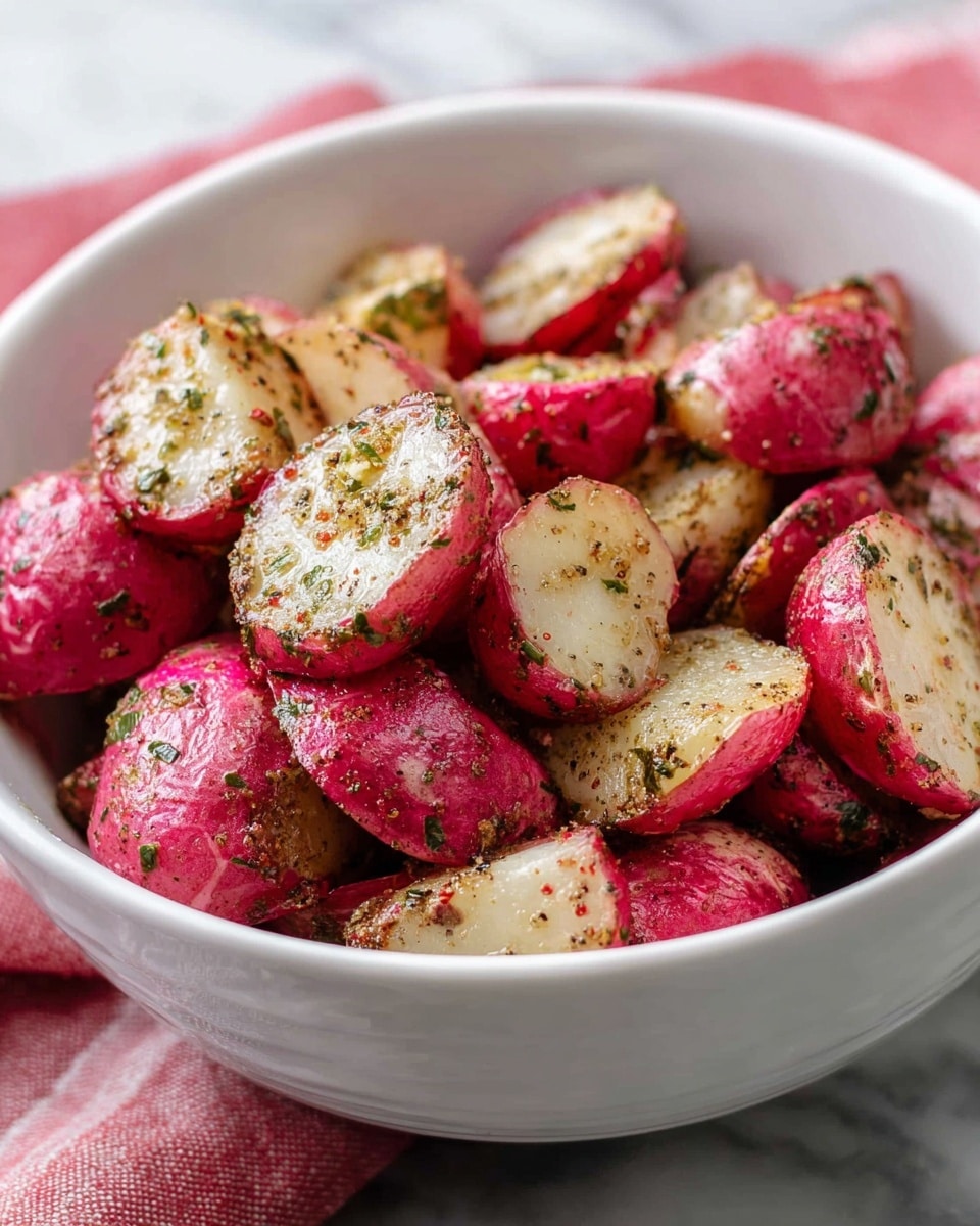 A white bowl filled with small, halved roasted radishes showing a mix of bright pink skin and light creamy white interior, each piece speckled with green herbs and black pepper, and a few pieces slightly browned from roasting, all placed on a white marbled surface with a red and white cloth blurred in the background photo taken with an iphone --ar 4:5 --v 7