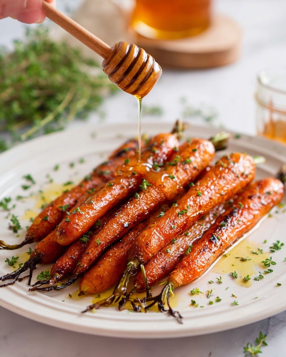 A white plate holds seven roasted carrots arranged in a row, each carrot having a slightly shiny, caramelized orange skin with some darker grilled marks. Fresh green herbs are sprinkled over the carrots, adding specks of color and texture. In the top left corner, a woman's hand is seen drizzling golden honey over the carrots using a wooden honey dipper. The plate rests on a white marbled surface with some blurred greenery and a jar of honey in the background. Photo taken with an iphone --ar 4:5 --v 7