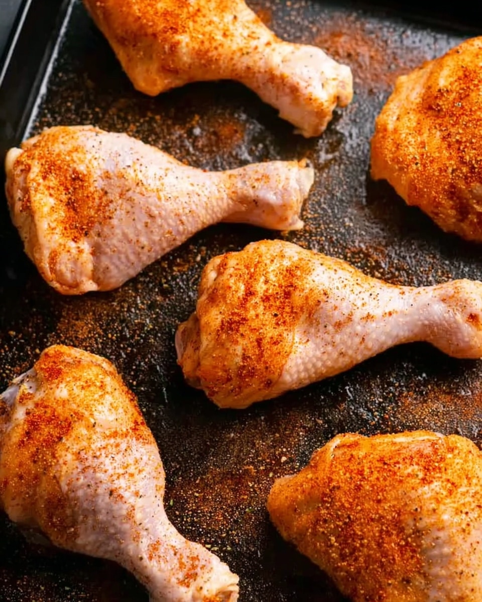 The image shows six raw chicken drumsticks laid out on a black baking tray with a rough texture. The drumsticks are spread evenly and covered with a reddish-orange spice mix that stands out against the pale skin of the chicken. The spices are sprinkled more heavily on some pieces, creating a speckled effect. The tray has a few spots of oil or moisture glistening around the chicken. The scene is close-up, focusing tightly on the drumsticks, with no background visible besides the dark surface of the tray. Photo taken with an iphone --ar 4:5 --v 7