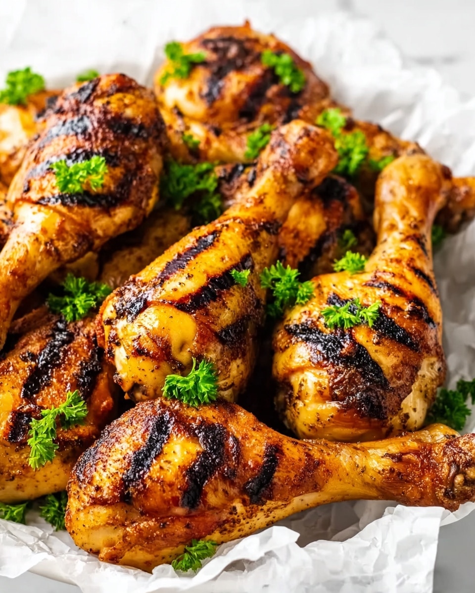The image shows several grilled chicken drumsticks arranged closely on white parchment paper spread over a white plate. Each drumstick has distinct dark grill marks creating a striped pattern on the golden-brown crispy skin. The surface of the chicken looks slightly shiny with a textured appearance, suggesting a well-cooked outer layer. Bright green parsley leaves are scattered on top for a fresh contrast, adding a pop of color among the warm shades of the chicken. The background is a white marbled texture, providing a clean and elegant setting. Photo taken with an iphone --ar 4:5 --v 7